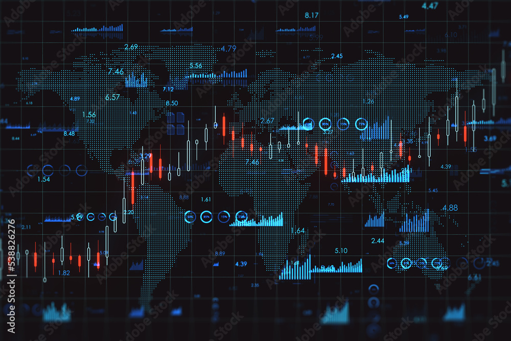 Poster global economy and forex exchange concept with digital growing candlestick and financial indicators 