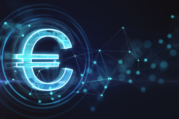 Creative glowing euro hologram on dark backdrop. Futuristic hi-tech digital money and electronic economy of the future concept. 3D Rendering.