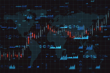 Global economy and forex exchange concept with digital growing candlestick and financial indicators on dark background with world map. 3D rendering