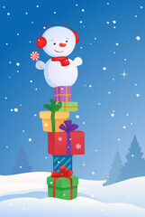 Vector cartoon illustration of a funny snowman on the gift tower, vertical background