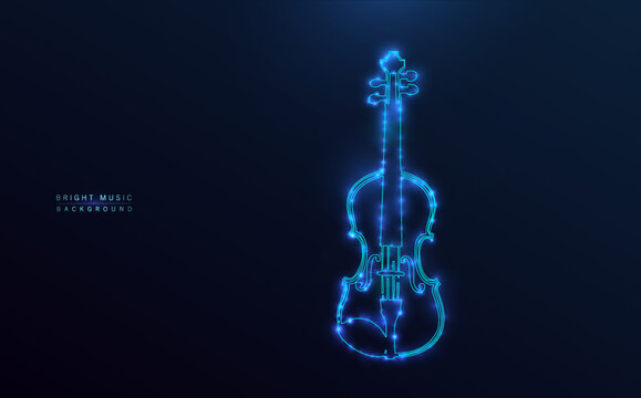 Starry cello. Icon musical instrument: blue neon, stars and globes of light. Symbol outline design, dotted and glittering against a dark blue background.