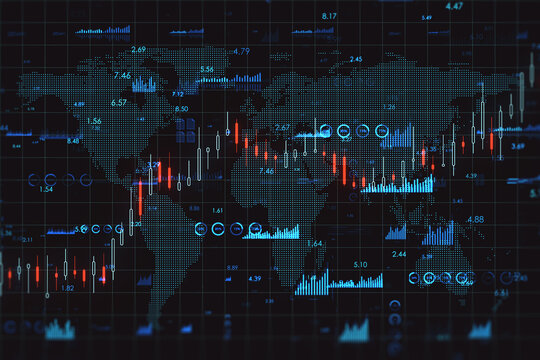 Global economy and forex exchange concept with digital growing candlestick and financial indicators on dark background with world map. 3D rendering