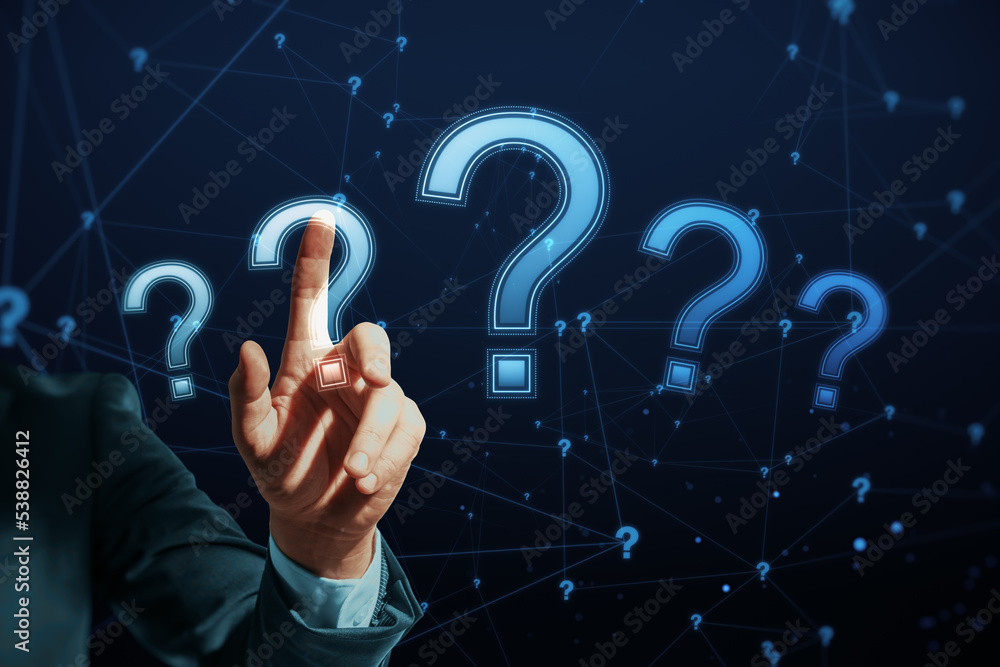 Poster close up of male hand pointing at glowing polygonal question mark on blurry background. ask, confusi