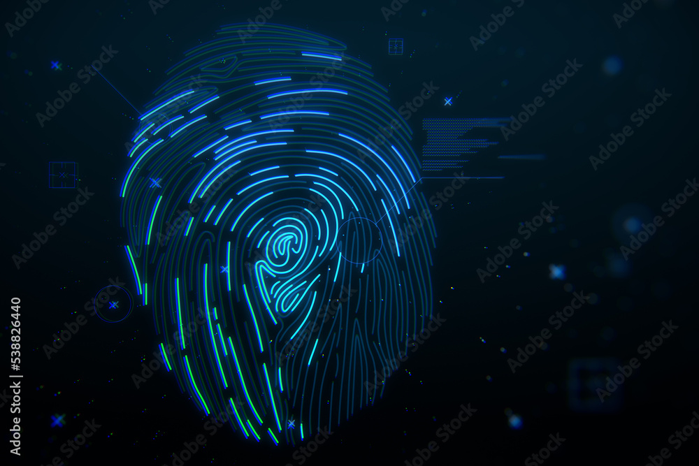 Aufkleber abstract glowing finger print id hologram on dark backdrop. fingerprint, biometrics, information tec