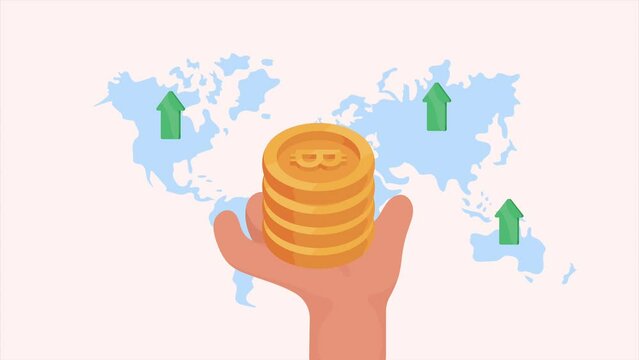 hand with bitcoin cryptocurrency animation