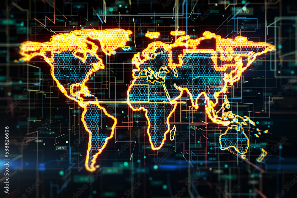Aufkleber Global network connection and innovation concept with glowing digital world map on abstract dark technological background, front view. 3D rendering