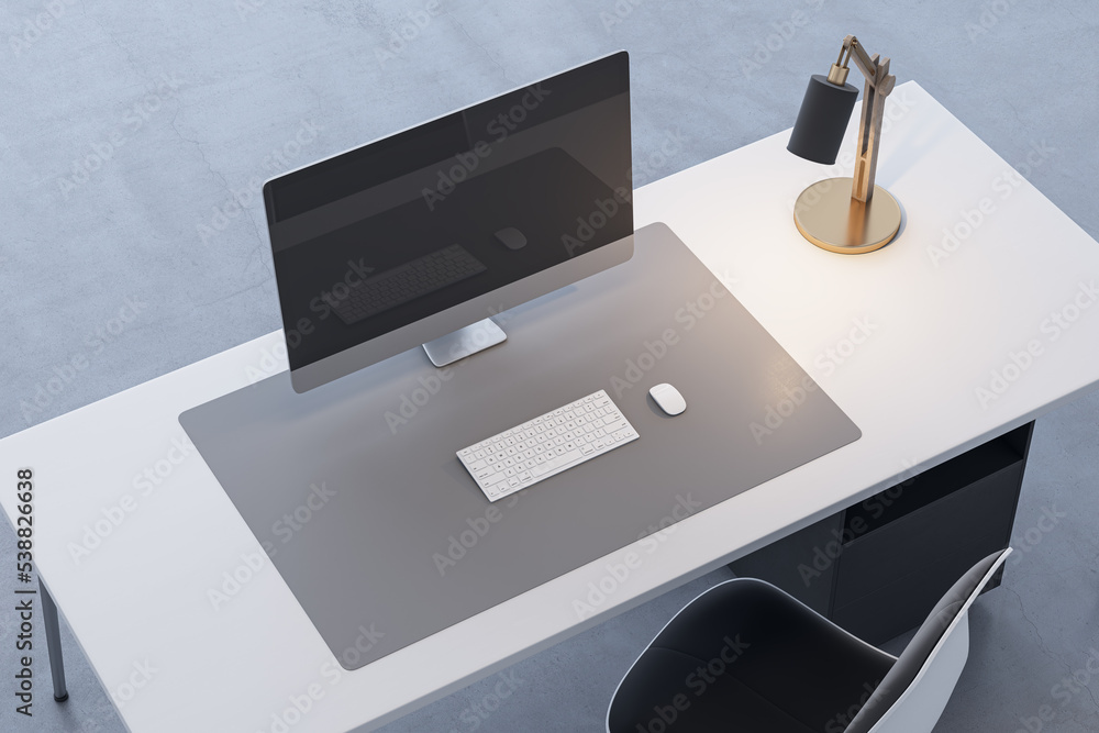 Poster Close up of office desktop with empty computer monitor and rfeflections, lamp and keyboard on blurry background. 3D Rendering.
