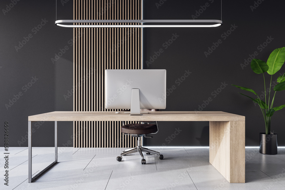 Poster Front view on modern computer on stylish light wooden work table in spacious cabinet with dark wall background and ceramic tiles floor. 3D rendering
