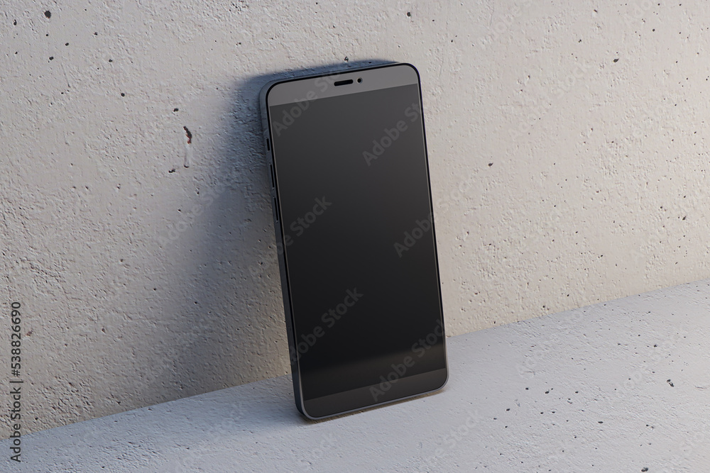 Poster Close up of empty black mock up smart phone on light wall background. Mobile app concept. 3D Rendering.