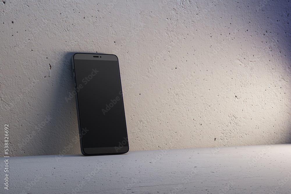 Poster Close up of empty black cellphone on light wall background. Mobile app concept. 3D Rendering.