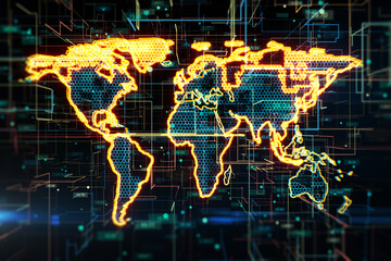 Global network connection and innovation concept with glowing digital world map on abstract dark technological background, front view. 3D rendering