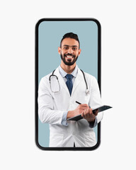 Doctor looking out big smartphone screen, writing prescription