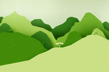 Green nature mountains landscape.3d Paper cut abstract minimal nature scene, template background.Vector illustration.