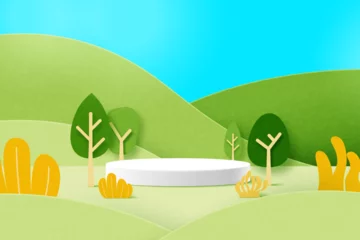 Foto op Plexiglas 3D cylinder podium on green nature mountains landscape background.Paper art style, Vector illustration. © Man As Thep