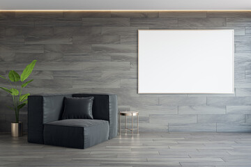 Modern lobby interior with armchair, decorative plant and empty white mock up poster on wooden wall. 3D Rendering.