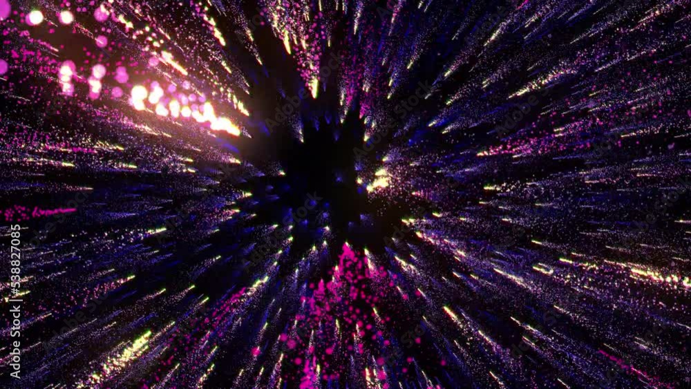 Poster bright multi-colored particles fill the space with jets of energy and light. shiny colorful abstract