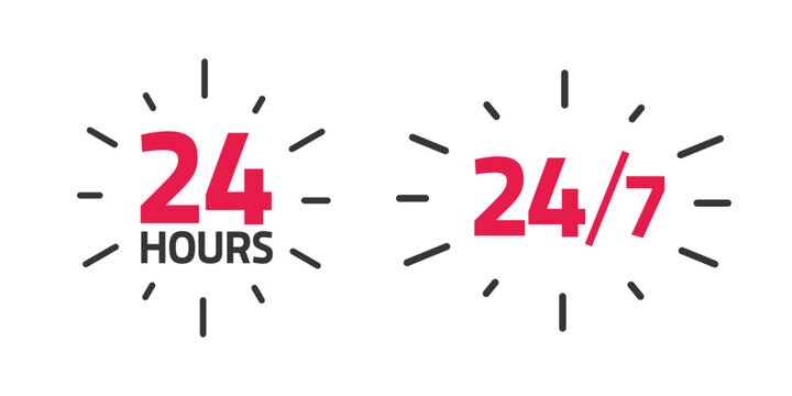 24 x 7 hours open service icon label red vector or working hrs time in a week badge sign illustration, business day support or assistance graphic image