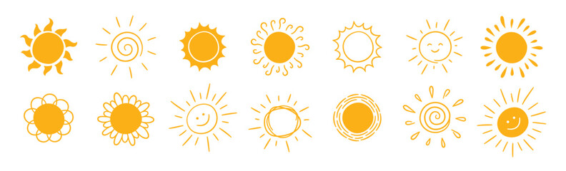 Doodle different sun icons set. Scribble yellow sun with rays symbols. Doodle children drawings collection. Hand drawn burst. Hot weather sign. Vector illustration isolated on white background. - obrazy, fototapety, plakaty