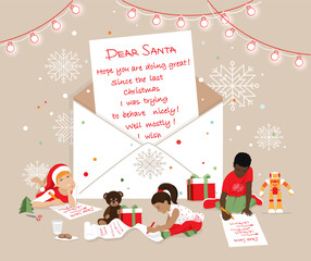 Diverse kids write wish lists to Santa Claus at big abstract envelope with the letter, big snowflakes, garland, confetti. Anticipation of Christmas miracle, sharing dreams concept vector illustration.