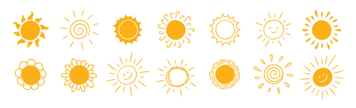 Doodle different sun icons set. Scribble yellow sun with rays symbols. Doodle children drawings collection. Hand drawn burst. Hot weather sign. Vector illustration isolated on white background.