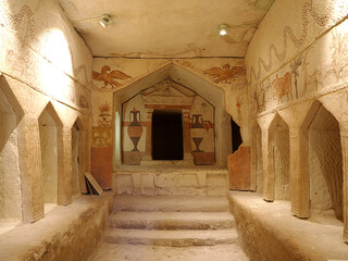 Wall renovated drawings in the excavated and reconstructed ancient burial caves of the Sidonians in...