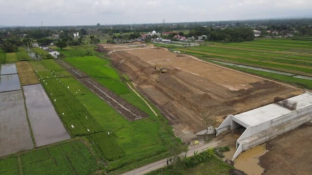 Aerial view of highway construction in Klaten Indonesia. Toll Solo Yogyakarta project.