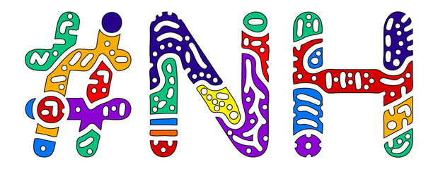 NH Hashtag. Multicolored bright isolate curves doodle letters. Hashtag #NH is abbreviation for the US American state New Hampshire for social network, web resources, mobile apps.