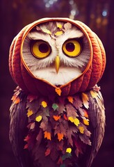 Illustration of autumn magical owl with whimsical plumage made from dry leaves - 538828423