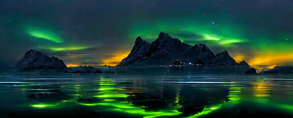 Fototapeta na wymiar aurora borealis on the lofoten islands norway, green