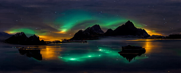 aurora borealis on the lofoten islands norway, night - obrazy, fototapety, plakaty