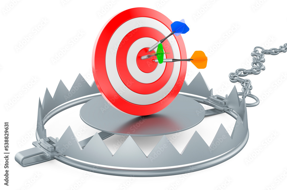 Poster bear trap with target with blue arrows, 3d rendering