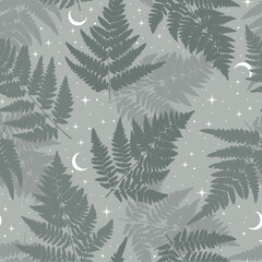 Boho seamless pattern with crescent, stars and fern. Bohemian modern background. Celestial wrapping paper.
