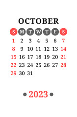 October calendar design 2023 year. English vector wall or pocket calender template. Week starts on Sunday