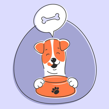 Dog licks mouth and dreams of food. Pet Shop logo. Design store goods and food for animals. Vector Illustration 