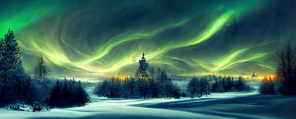 green aurora lights over winter terrain, beautiful.