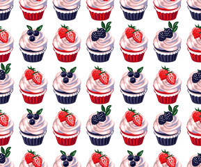 Cupcakes with cream and berries. Ice cream. Seamless pattern. Vector illustration.