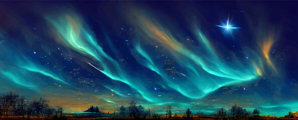 magical sky with aurora and stars  blue northern