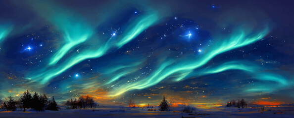 magical sky with aurora and stars  blue northern - obrazy, fototapety, plakaty