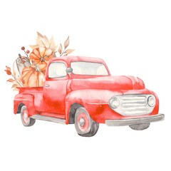 Watercolor pickup truck with pumpkins, autumn leaves, berries, harvest, autumn composition