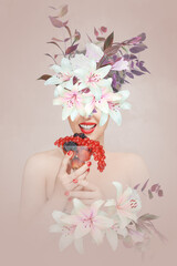 Abstract art collage of young woman with flowers