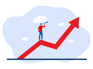 Future growth  businessman manager using a telescope to see future standing on top of rising arrow market graph.career development vision, profit and earning forecast concept vector