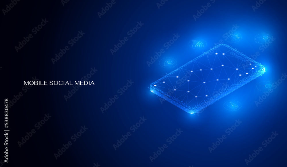 Poster Abstract low poly social media communication icon on mobile phone isometric layout template vector. Technology blue wireframe online connection concept.