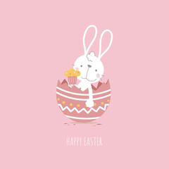 happy easter festival with animal pet bunny rabbit and cupcake and egg, pastel color, flat vector illustration cartoon character