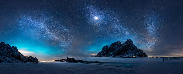 milky way above frozen sea coast and snow covered