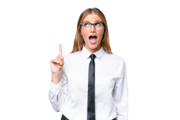 Young business caucasian woman over isolated background thinking an idea pointing the finger up