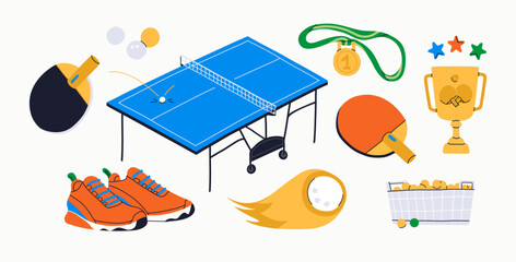 Table tennis equipment set. Balls, rackets, sneakers, cup, medal, board, basket in vibrant colors. Ping pong championship stuff. Vector illustrations for office activity. Pair sport training concept - obrazy, fototapety, plakaty