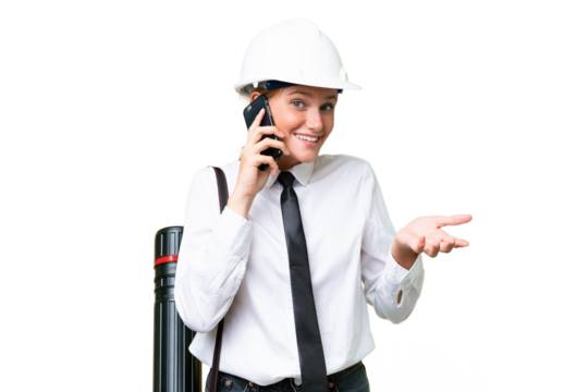 Young architect caucasian woman with helmet and holding blueprints over isolated background keeping a conversation with the mobile phone with someone