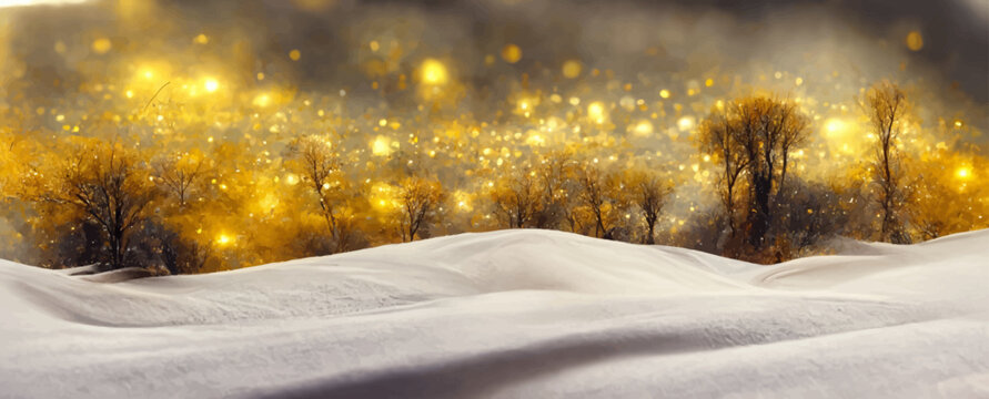 Abstract Magic Winter Landscape With Snow And Golden