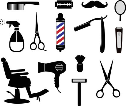 Barbershop equipment, tools, cosmetics icons on white background. Barber shop sign. Barbershop collection symbol. flat style.