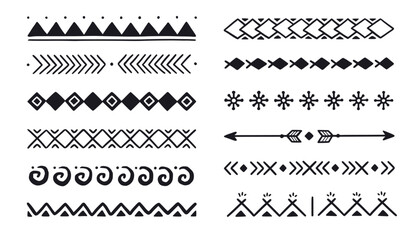 Hand drawn folk motif, ethnic pattern set. Peru, mexican, aztec drawn border pattern. Boho, indian decoration, arrow element. Vector illustration.